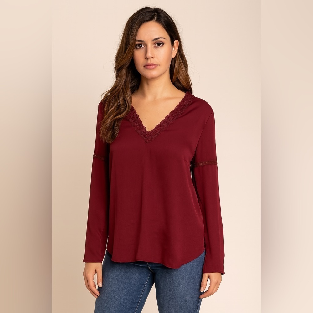 Laundry by Shelli Segal Burgundy Lace Trim V-Neck Blouse Size Small